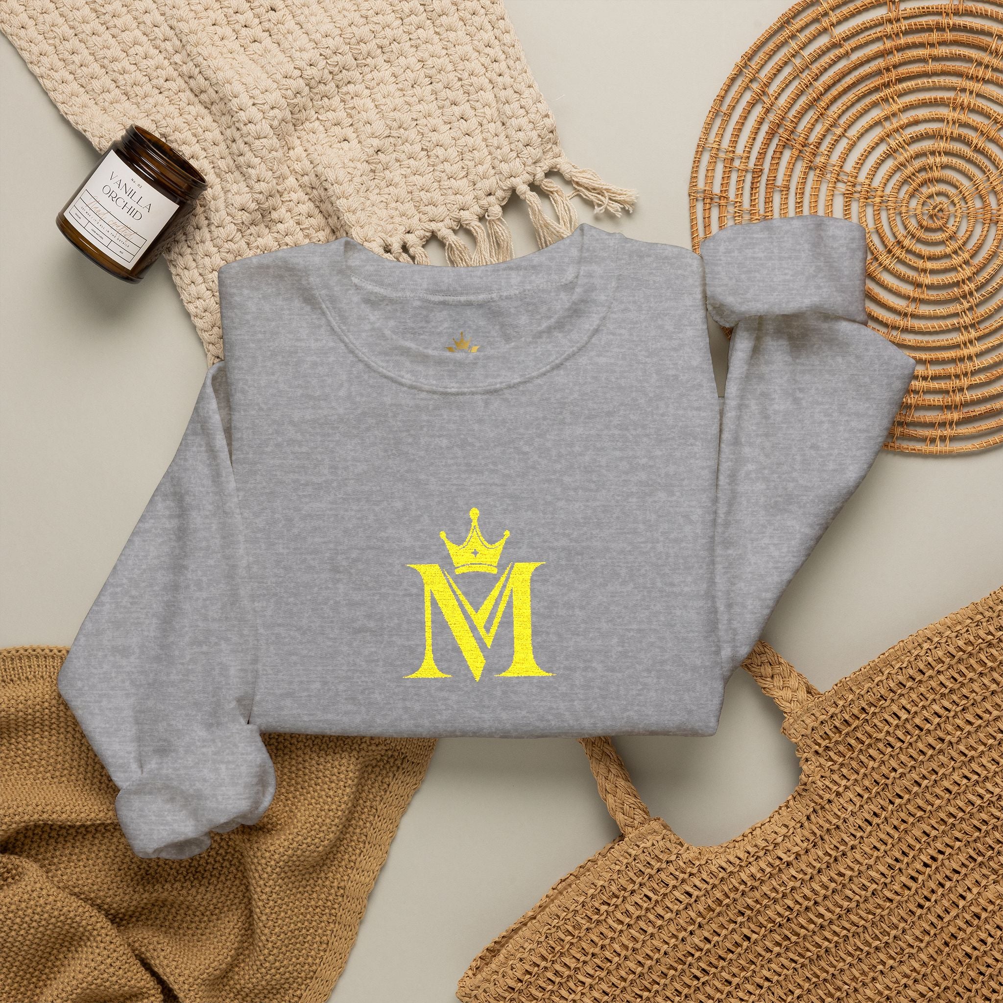 Crown 'M' White Crewneck Sweatshirt — Minimal Gold Monogram Pullover