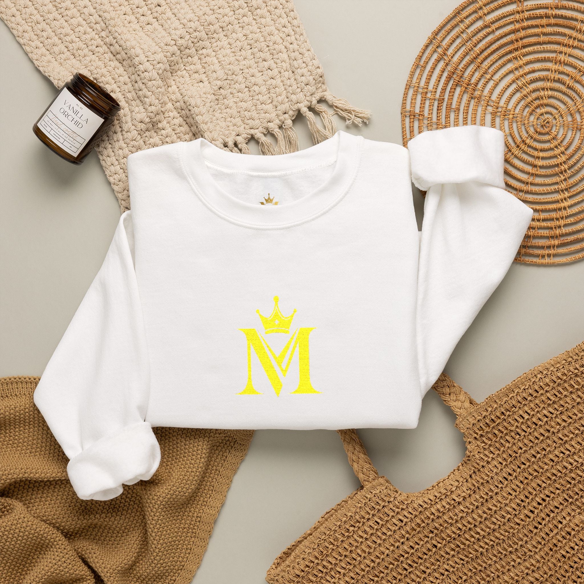 Crown 'M' White Crewneck Sweatshirt — Minimal Gold Monogram Pullover