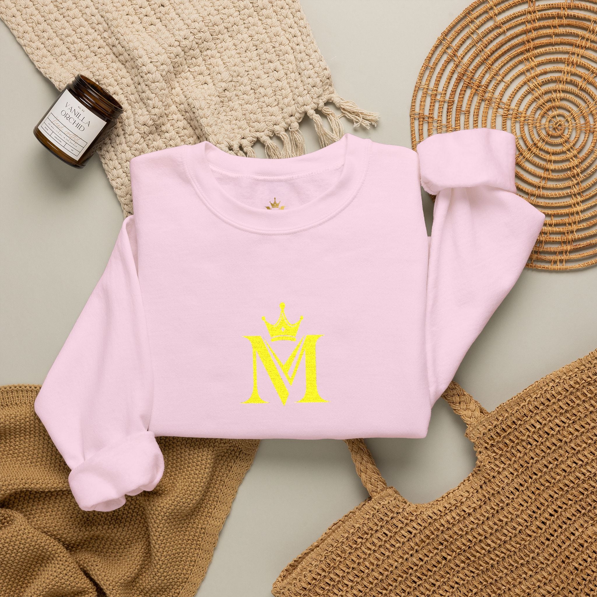 Crown 'M' White Crewneck Sweatshirt — Minimal Gold Monogram Pullover