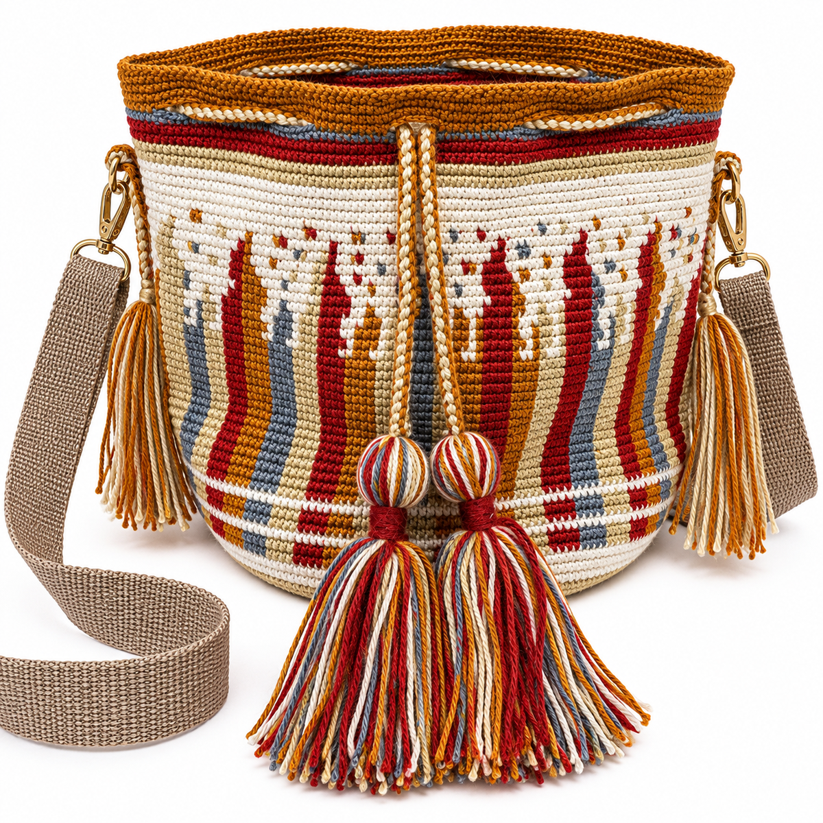 “Bolso Artesanal Ecuatoriano Tejido a Mano – Multicolor”.